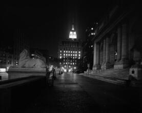 [Looking south from the steps of New York Public Library's main branch toward the Empire State Building.]
