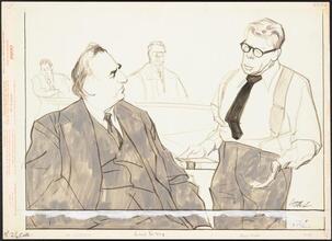 [Ed Begley as Matthew Harrison Brady and Paul Muni as Henry Drummond in "Inherit the Wind".]