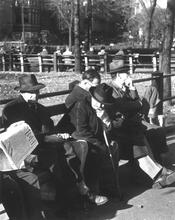 Untitled [Men on park bench, Union Square]