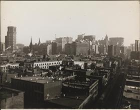 [Aerial view looking N.W. from Third Avenue El below Wall Street]
