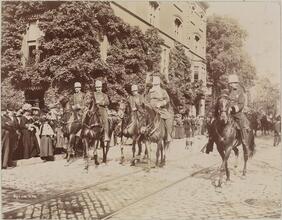 Police Parade, June 1, 1897/ Scene on E. 29th St. Man Marching West Toward Fifth Ave. Passing Aside Calumet Club.