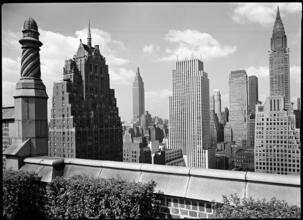 [View of Midtown Manhattan from a roof terrace.]