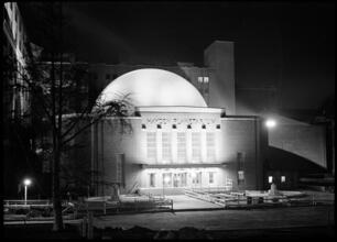 [200 Central Park West. American Museum of Natural History. Exterior, night view.]