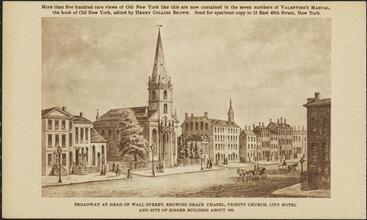 Broadway at Head of Wall Street, Showing Grace Chapel, Trinity Church, City Hotel and site of Singer  Building about 1885.