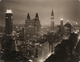 Night Scene, S.E. from 515 Mad. Ave, Gen. Electric, Waldorf Astoria, Chrysler, Chanin, N.Y. Central Bldg.