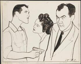 [Paul Newman as Glenn Griffin, Nancy Coleman as Eleanor Hillard and Karl Malden as Dan Hillard in "The Desperate Hours".]