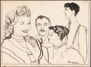 [Ann Crowley as Lola Pratt, Frank Albertson as Mr. Baxter, Doris Dalton as Mrs. Baxter, and Kenneth Nelson as Willie Baxter in "Seventeen".]