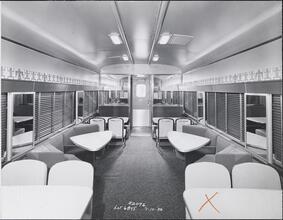 [Dining room in an Atchison, Topeka & Santa Fe Railroad train.]