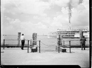 Statue of Liberty from Castle Garden [large passenger ferry in foreground]