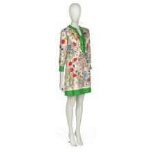 Dress in multicolored field flowers and insect print on white silk rep ground