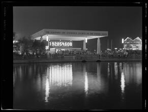 New York World's Fair, Equitable Life Assurance Building, General Front View at Night, Across Lake