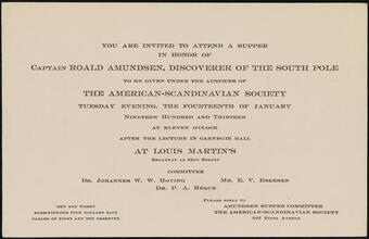 You Are Invited to Attend a Supper in Honor of Captain Roald Amundsen, Discoverer of the South Pole