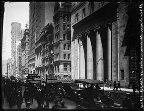 Broadway Series. Looking north from Liberty Street, showing east side of Bway. Guarantee Trust Company (columns) at right on corner of Maiden Lane.