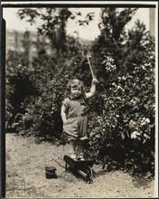 Garden. Child with toy wheelbarrow