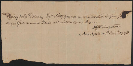 Receipt issued by H. G. Livingston to John Peter De Lancey, for 60 pounds for slave, August 10, 1798