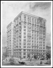 West 85th Street at the corner of West End Avenue. Apartment house, watercolor rendering by Brigden.