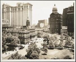 New York City Hall and City Hall Park. View looking northeast from 235 Broadway