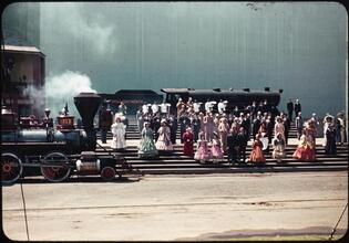 [Actors in a scene of the Parade of Railroads show.]
