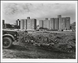 Central Park West between West 97th Street and West 100th Street. Park West Village apartments. Construction view