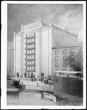 Doty refrigerating building.  Watercolor rendering by Hughson Hawley, 1912.