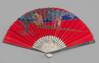 Advertising fan of red printed paper leaf issued by the Plaza