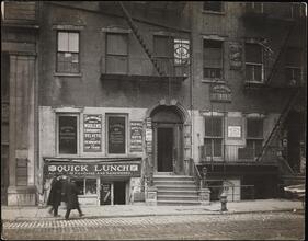 [117 Bleecker Street (Quick Lunch), 115 at right, these were once fine residences.]