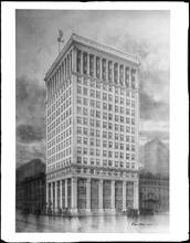 4th Avenue at the corner of East 30th Street. Office building, watercolor rendering.