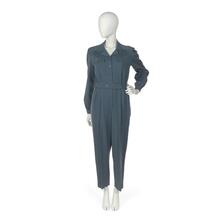 "Rosie the Riveter," muted blue wool jumpsuit