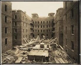 Jackson Heights apartment complex. View of building construction from courtyard