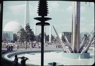 [Fountain in the Production and Distribution Zone looking toward the Trylon and Perisphere.]