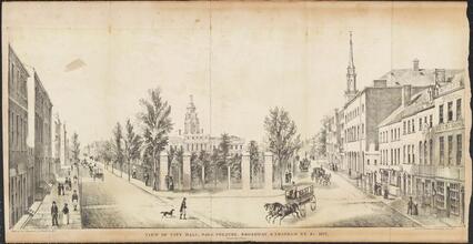 View of City Hall Park, Park Theatre, Broadway & Chatham St, & c. 1822.