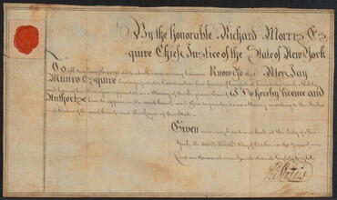 Appointment issued by Richard Morris, Chief Justice of the State of New York, to Peter Jay Munro, to serve as attorney of the Supreme Court, October 2[4?], 1788
