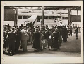 French Line, 610 Fifth Ave., "Normandie" Leaving Pier #88 N.R., Pier Scenes, Friends Waiting for Passengers.