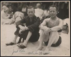[A. A. Lackay and unidentified man on the beach in Atlantic City.]
