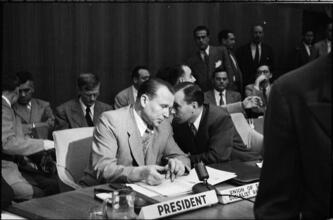 United Nations [Nasrollah Entezam speaking to the delegate from the USSR at General Assembly of the United Nations.]