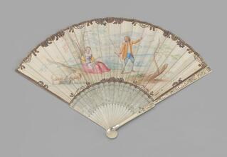 Folding fan with painted scene of shepherd and shepherdess
