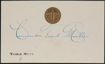 [Table card for Commander Frank Marble at the Hudson-Fulton Celebration Commission banquet.]