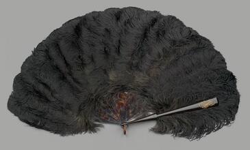Folding feather fan of black ostrich with original box