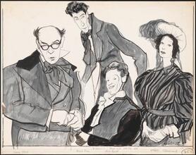 [George Howe as Mr. Pickwick, Nigel Green as Mr. Jingle, Clive Revill as Sam Weller, and Estelle Winwood as Mrs. Leo Hunter in "Mr. Pickwick".]