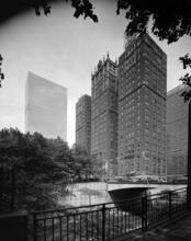 [View looking northeast toward Tudor City and its park from the East 42nd Street underpass.]