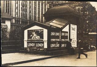Street Scenes, etc. Showing Displays of Liberty Loan Posters during World War I [Liberty Loan posters on a subway kiosk.]