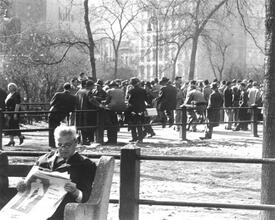 Untitled [Men at left-wing political discussions, Union Square]