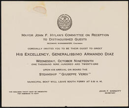[Mayor John F. Hylan's Committee on Reception to Distinguished Guests invitation to greet His Excellency, Generalissimo Armando Diaz.]