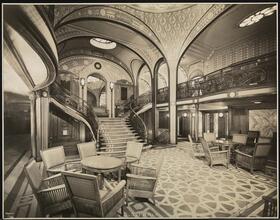 French Line, S.S. "Paris", First Class, Interior, Main Entrance from Grand Stairway.