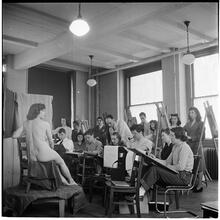 Columbia University [Students drawing a nude in art class.]