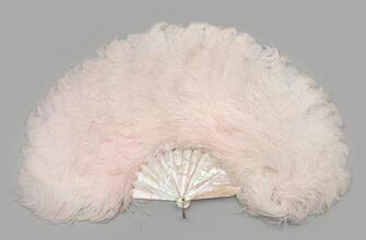 Feathered fan with attached aigrette in pale pink shaded ostrich
