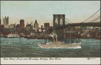 East River Front and Brooklyn Bridge, New York.
