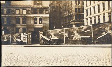 Street Scenes, etc. Showing Displays of Liberty Loan Posters during World War I [Liberty Loan murals on a construction site fence.]
