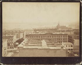 [View from the roof of George Ehret's home at Park Avenue and 94th Street.] Looking east by south. Looking east on 94th Street showing 2nd and 3rd Avenue Els. Also Hell Rock. On the right Ehret's brew