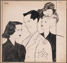 [Beatrice Pearson as Sally Middleton, Alan Baxter as Bill Page, and Vicki Cummings as Olive Lashbrooke in "The Voice of the Turtle".]